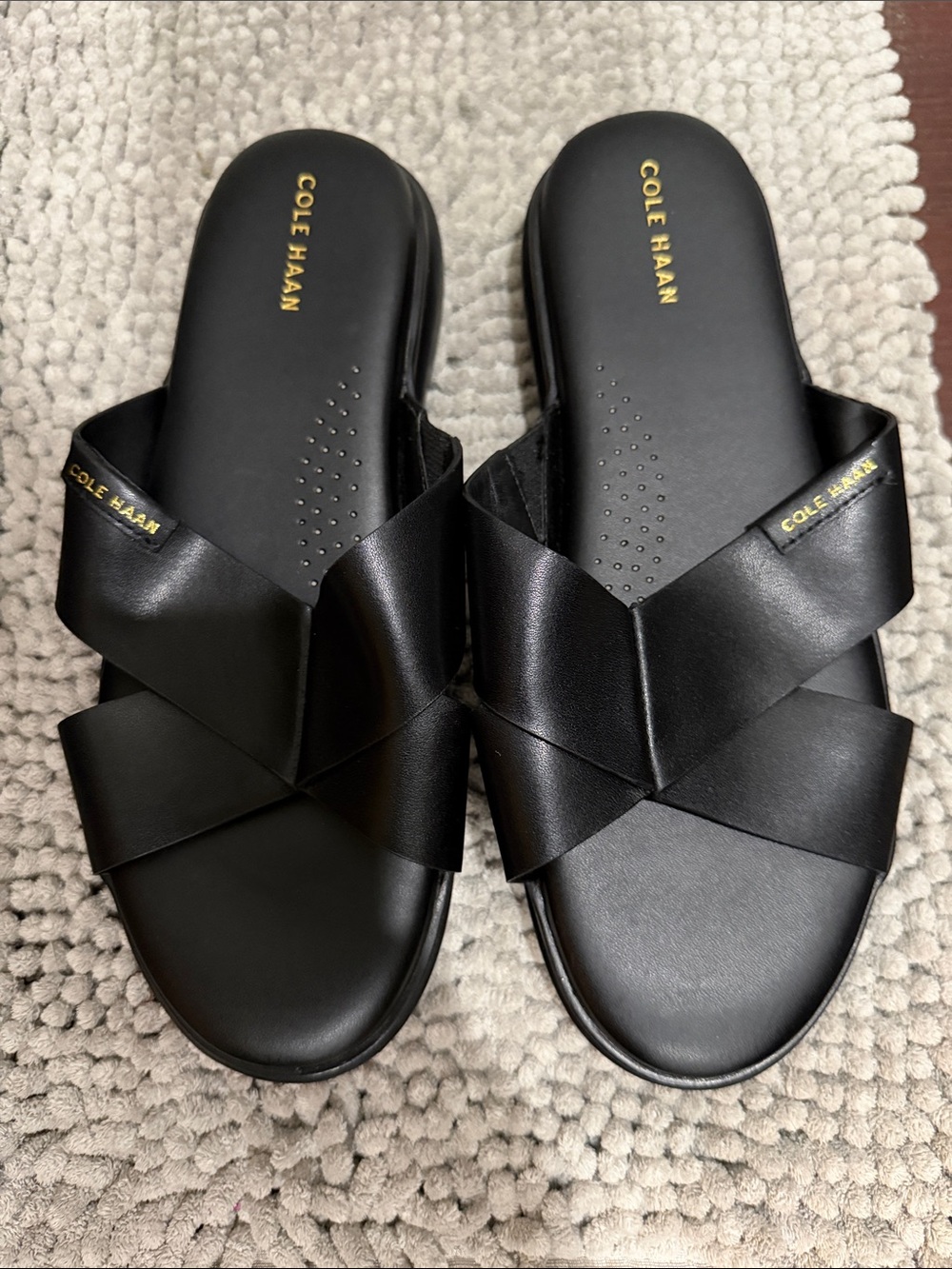 Cole Haan Women’s Black Leather Cross-Band Slide Sandals